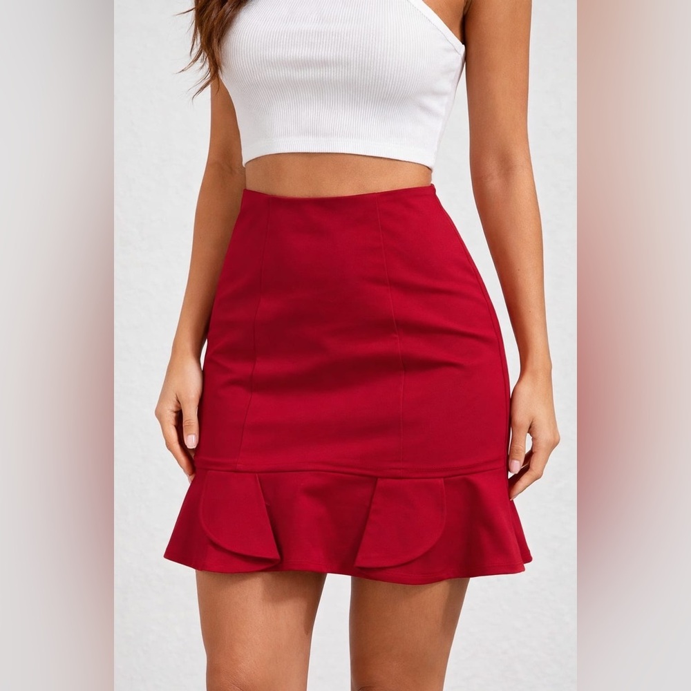 Tristan Red High-Waist Mini Skirt with Ruffle Hem